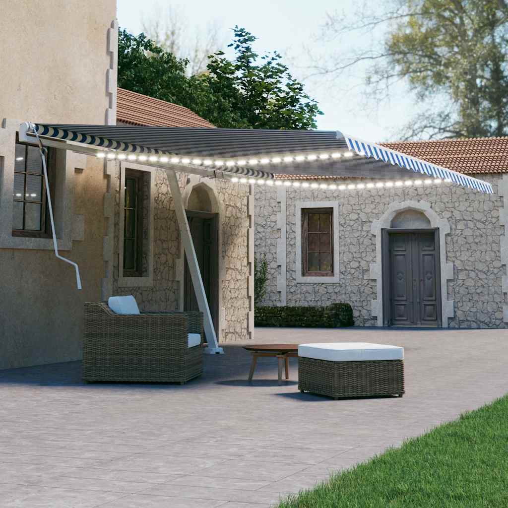 Manual Awning with Solar LED 4.5 x 3 m Drop 300 cm Blue and white