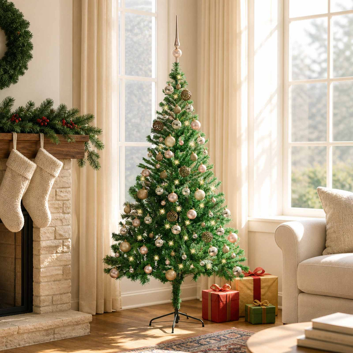 Christmas Tree PVC 150 cm Green with 150 LEDs&rose gold balls