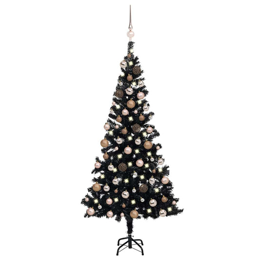 Artificial Pre-lit Christmas Tree with Ball Set 180 cm PVC Black with LEDs&rose gold balls