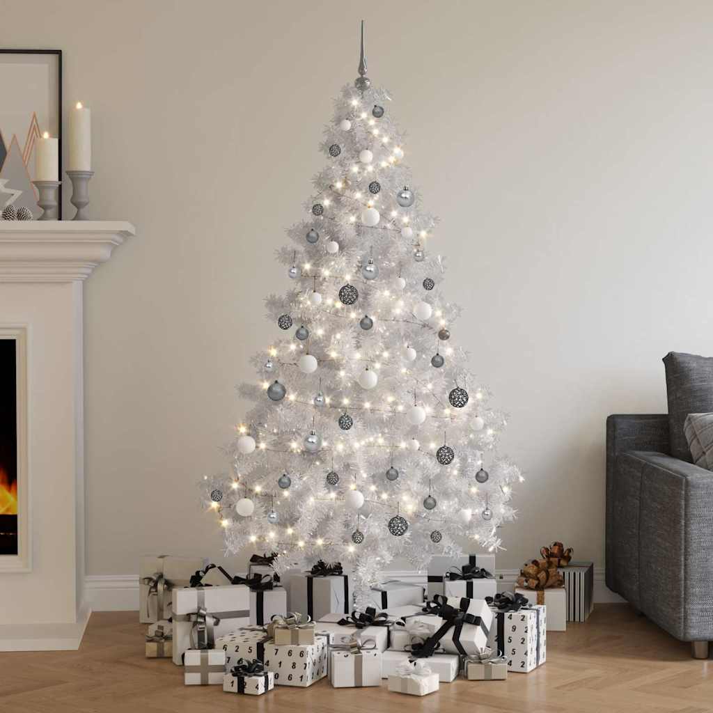 Artificial Half Pre-lit Christmas Tree with Ball 180 cm White with 60 white/grey balls