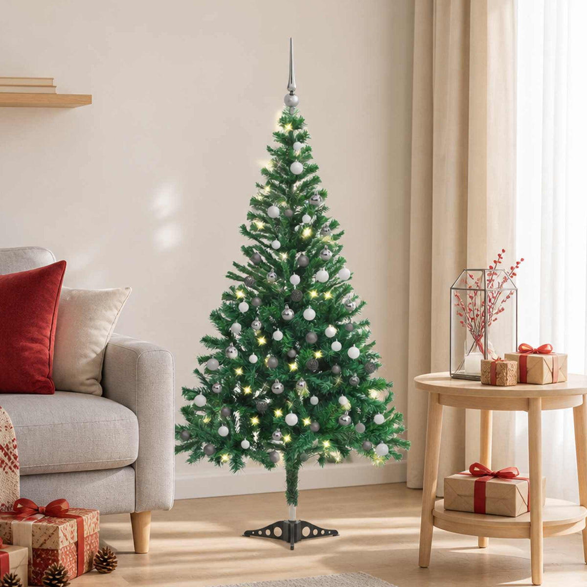 Christmas Tree PVC 120 cm Green with 150 LEDs&white/grey balls