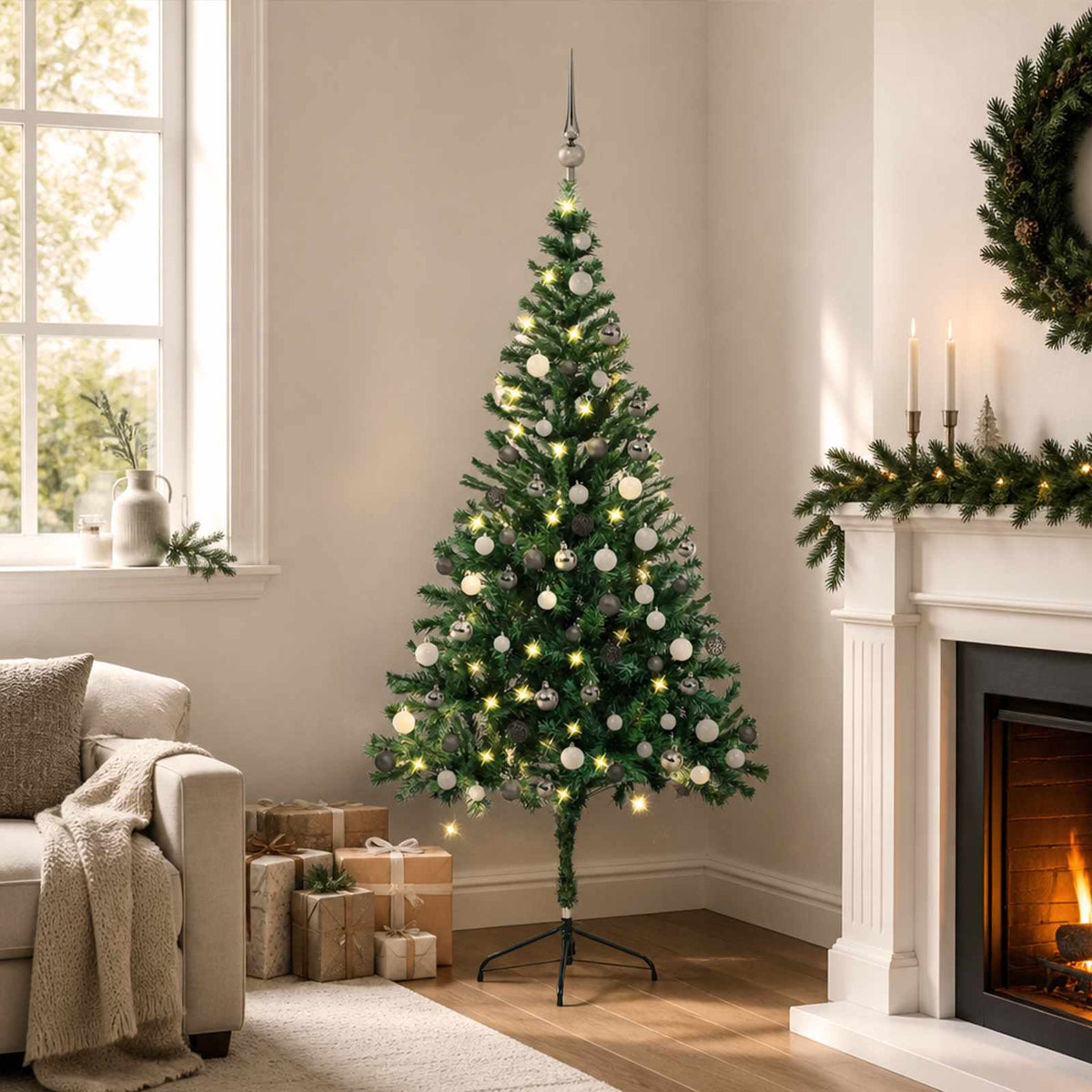 Christmas Tree PVC 180 cm Green with 150 LEDs&white/grey balls