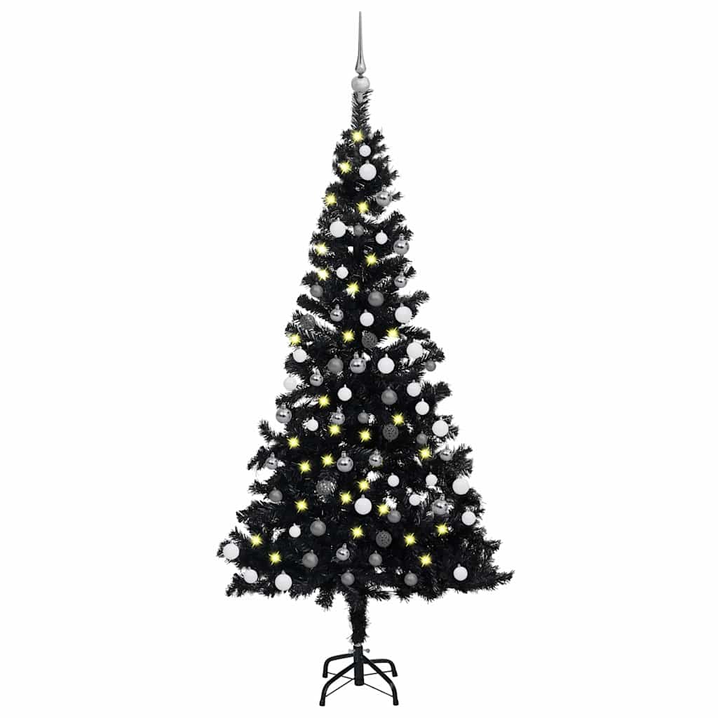 Artificial Pre-lit Christmas Tree with Ball Set 180 cm PVC Black with LEDs&white/grey balls
