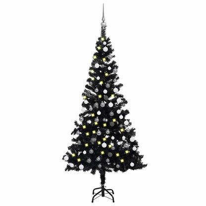 Artificial Pre-lit Christmas Tree with Ball Set 180 cm PVC Black with LEDs&white/grey balls