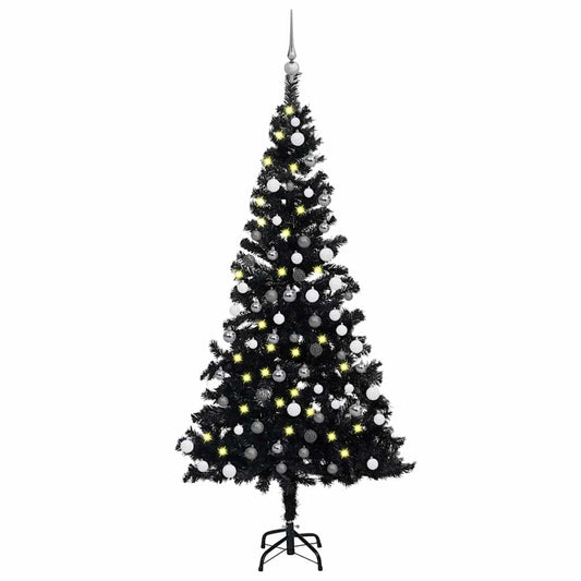 Artificial Pre-lit Christmas Tree with Ball Set 180 cm PVC Black with LEDs&white/grey balls