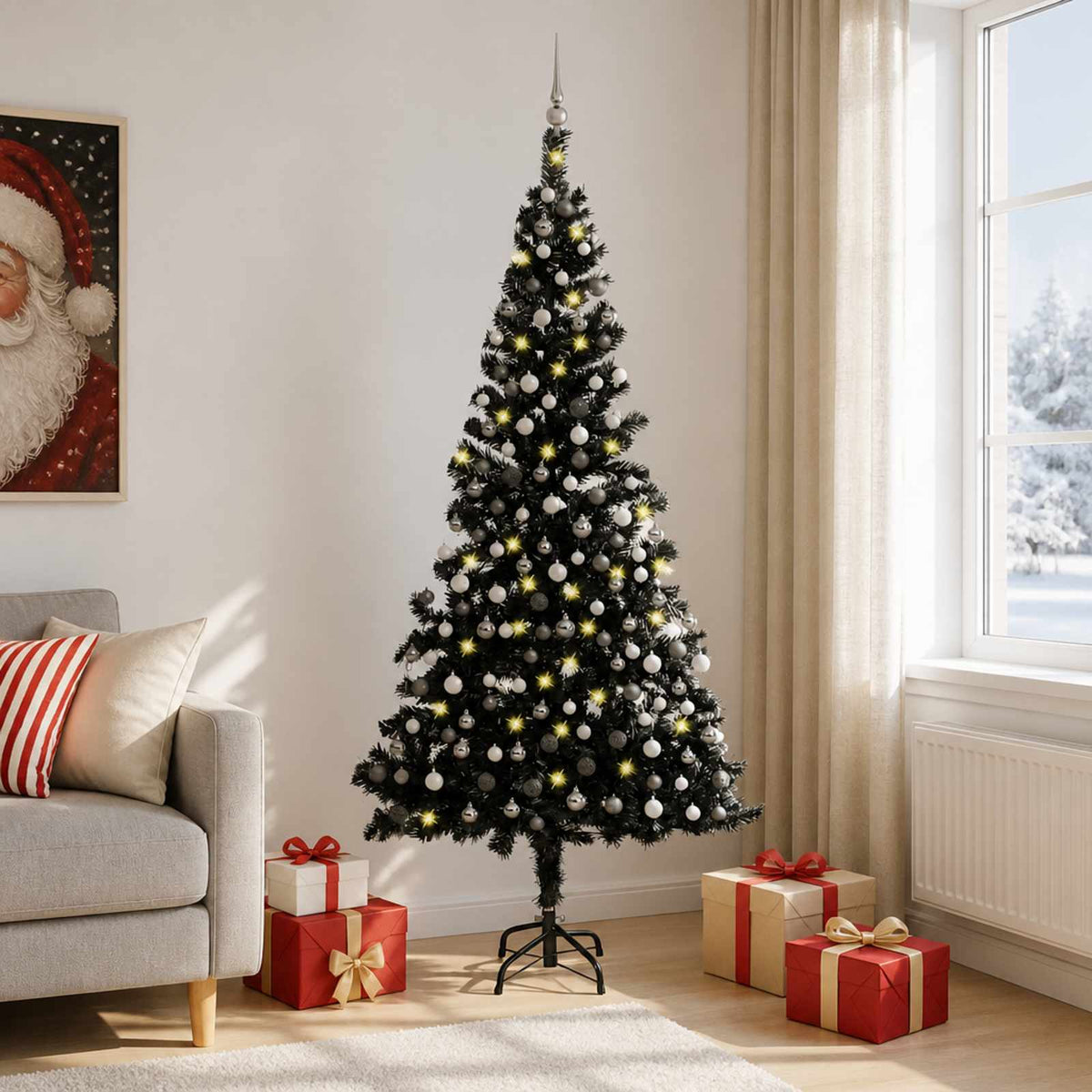Christmas Tree PVC 210 cm Black with 300 LEDs&white/grey balls
