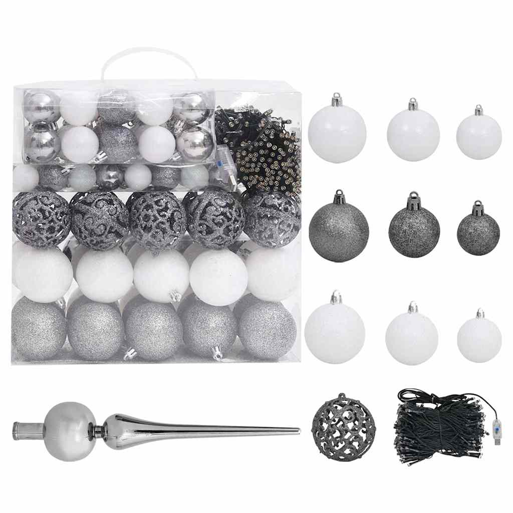 Christmas Tree PVC 210 cm Black with 300 LEDs&white/grey balls