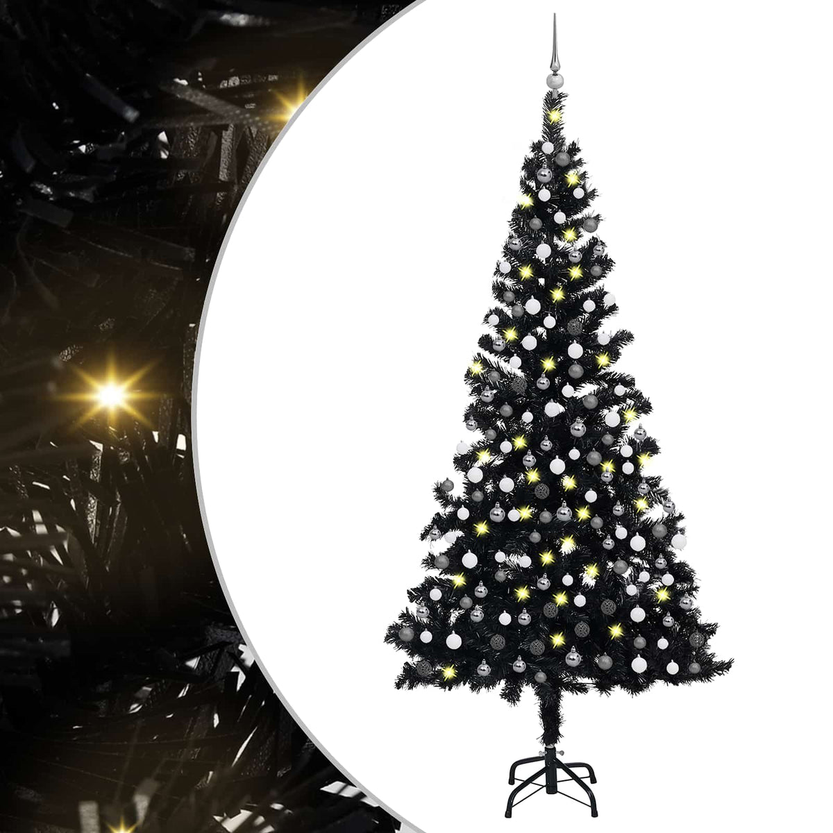 Christmas Tree PVC 210 cm Black with 300 LEDs&white/grey balls