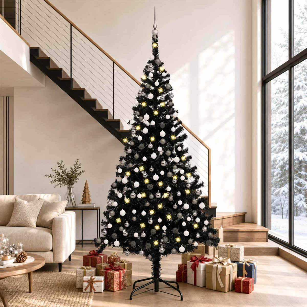 Christmas Tree PVC 240 cm Black with 300 LEDs&white/grey balls