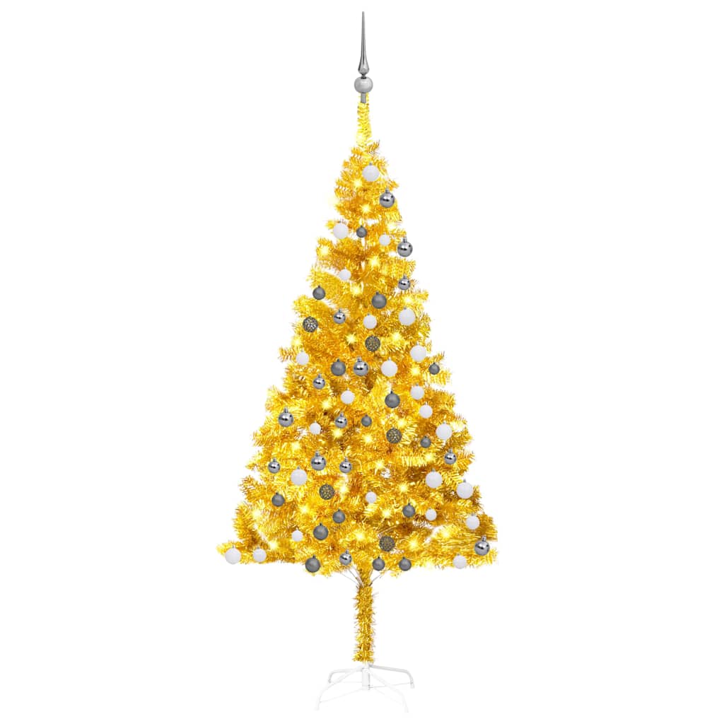 Artificial Pre-lit Christmas Tree with Ball Set 180 cm PVC Gold with LEDs&white/grey balls