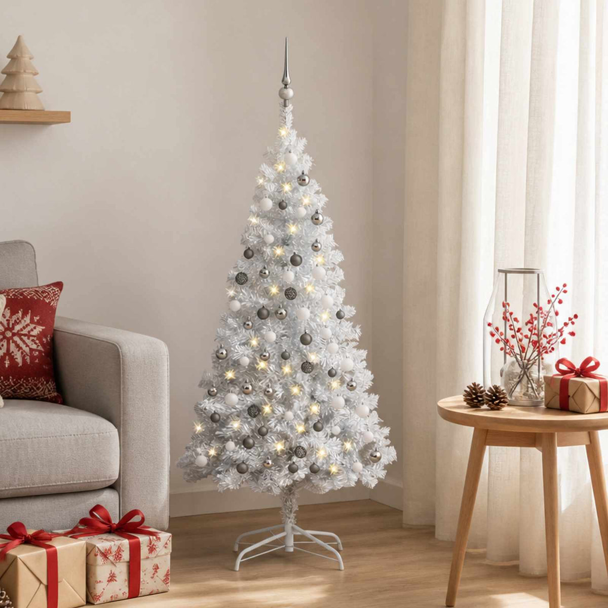 Christmas Tree PET 120 cm Silver with 150 LEDs&white/grey balls