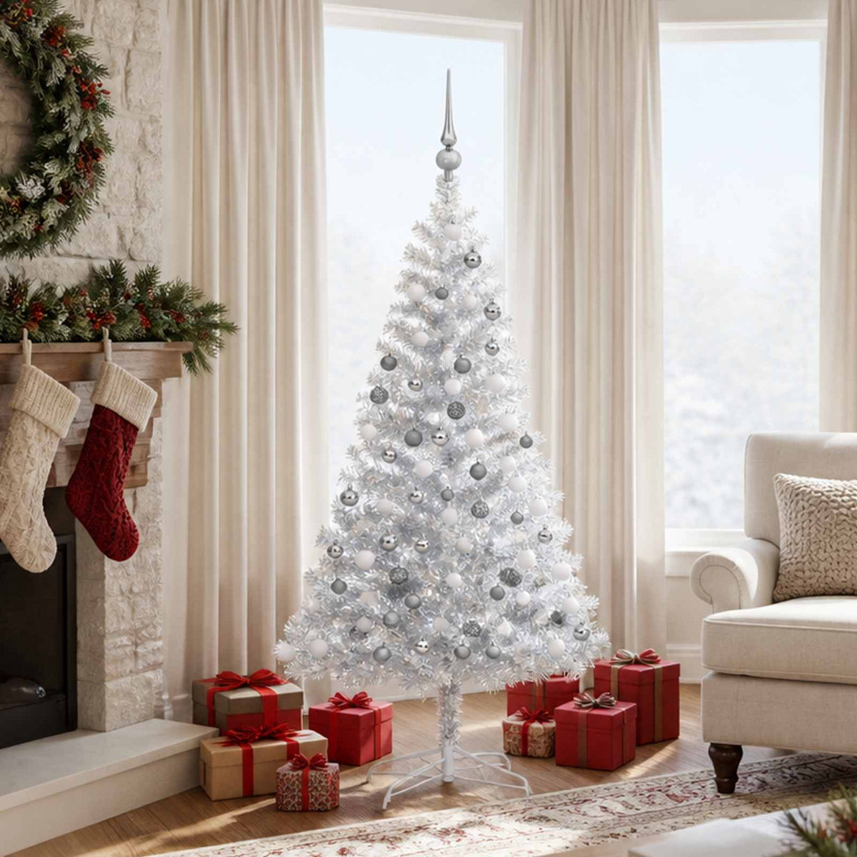 Christmas Tree PET 150 cm Silver with 150 LEDs&white/grey balls