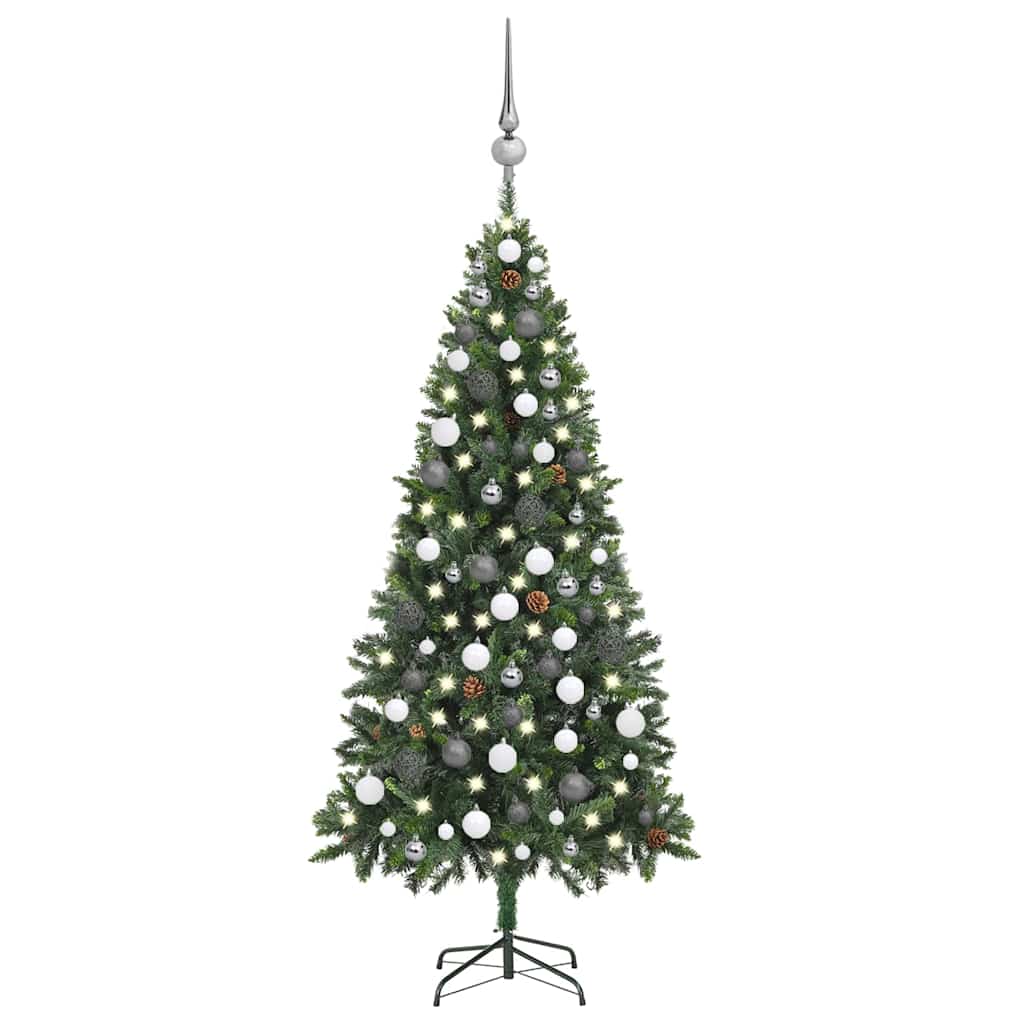 Artificial Pre-lit Christmas Tree Ball Set Pine Cones 210 cm Green and grey 180 cm 104 cm