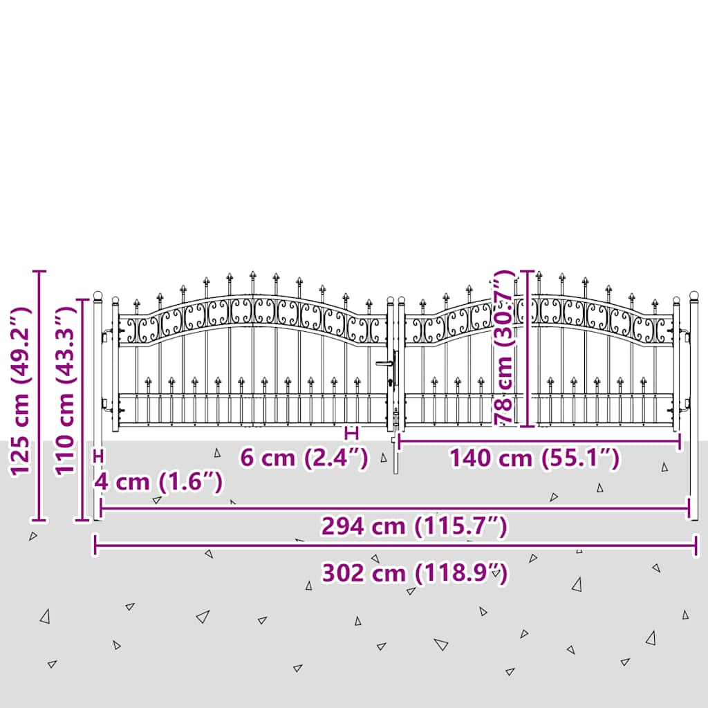 vidaXL Fence Gate "KAMPEN" with Spear Top Black 302x78 cm Steel 6
