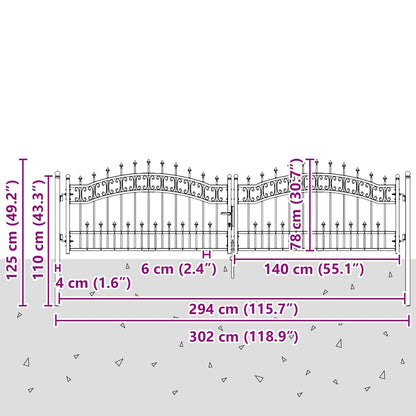 vidaXL Fence Gate "KAMPEN" with Spear Top Black 302x78 cm Steel 6