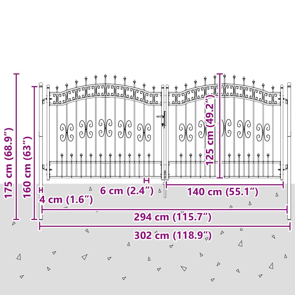 vidaXL Fence Gate "KAMPEN" with Spear Top Black 302x125 cm Steel 6