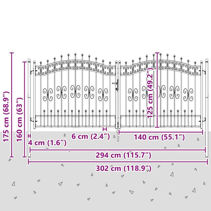 vidaXL Fence Gate "KAMPEN" with Spear Top Black 302x125 cm Steel 6