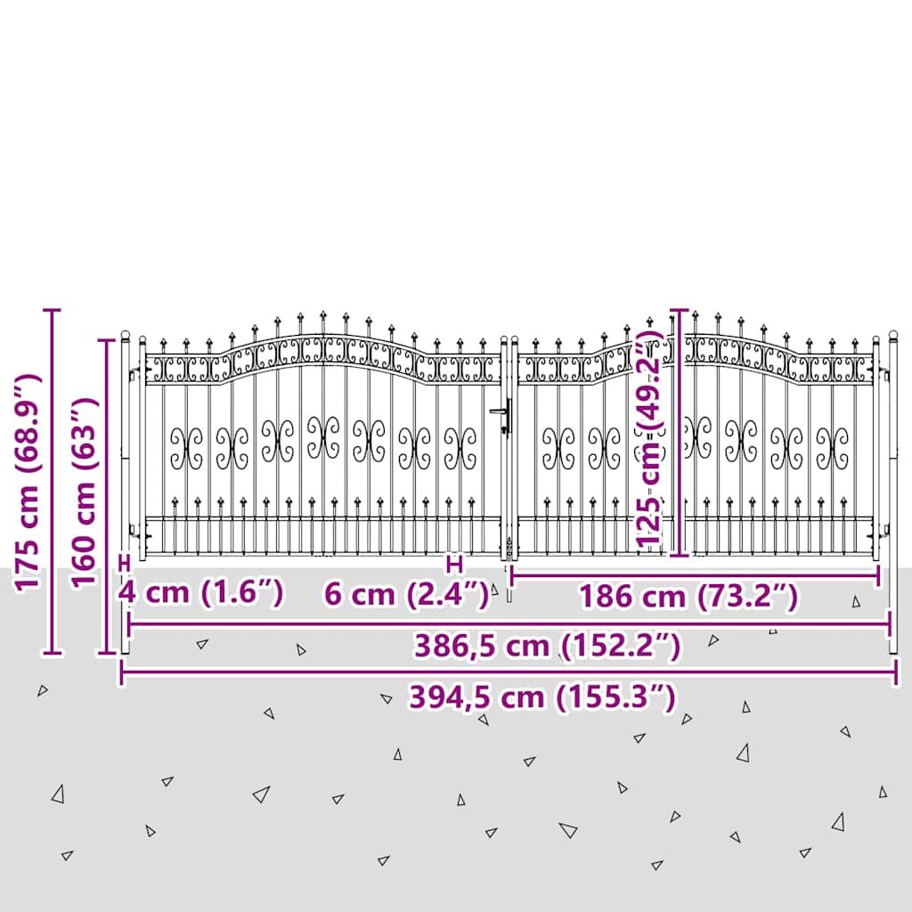 vidaXL Fence Gate "KAMPEN" with Spear Top Black 394,5x125 cm Steel 6