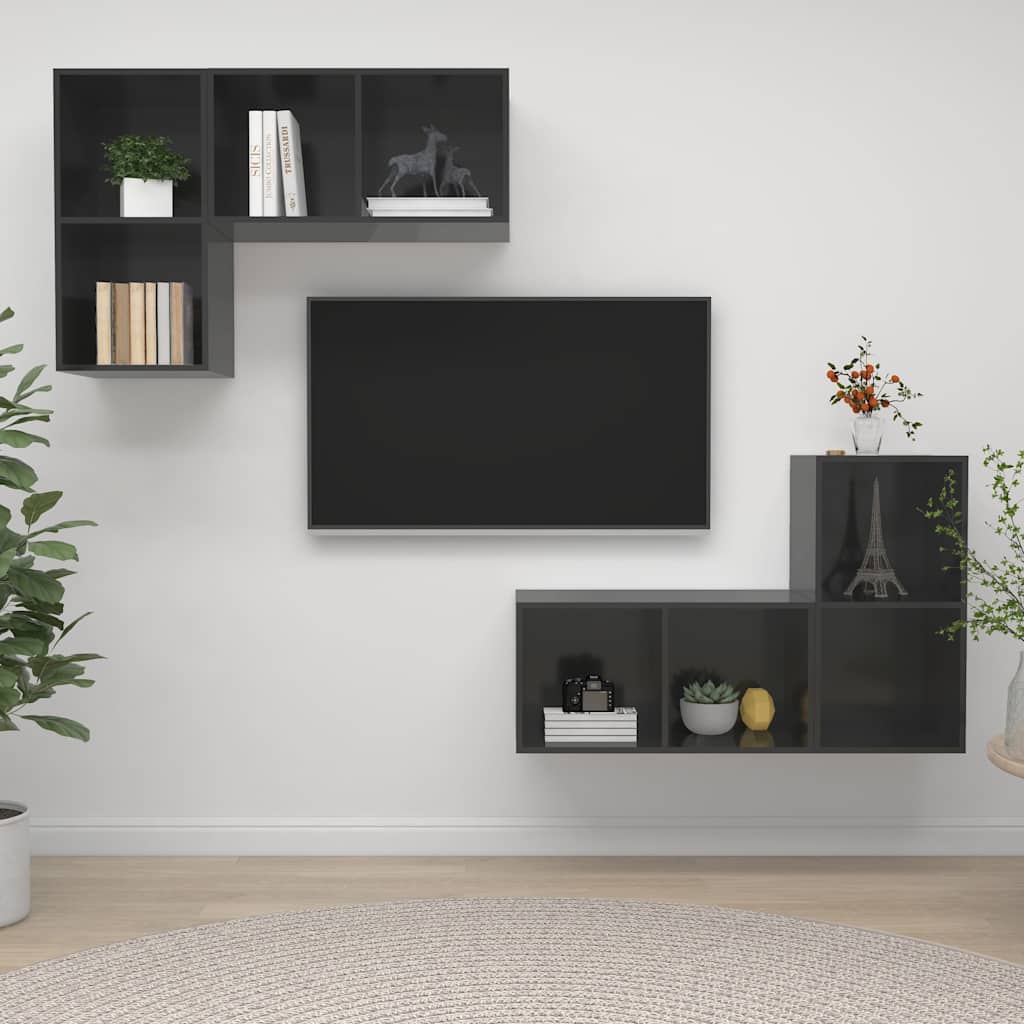 4 Piece Wall-mounted TV Cabinet Set Engineered Wood High gloss grey