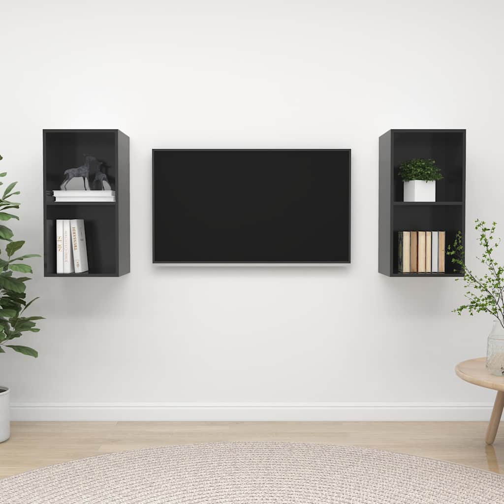 2 Piece Wall-mounted TV Cabinet Set Engineered Wood High gloss grey