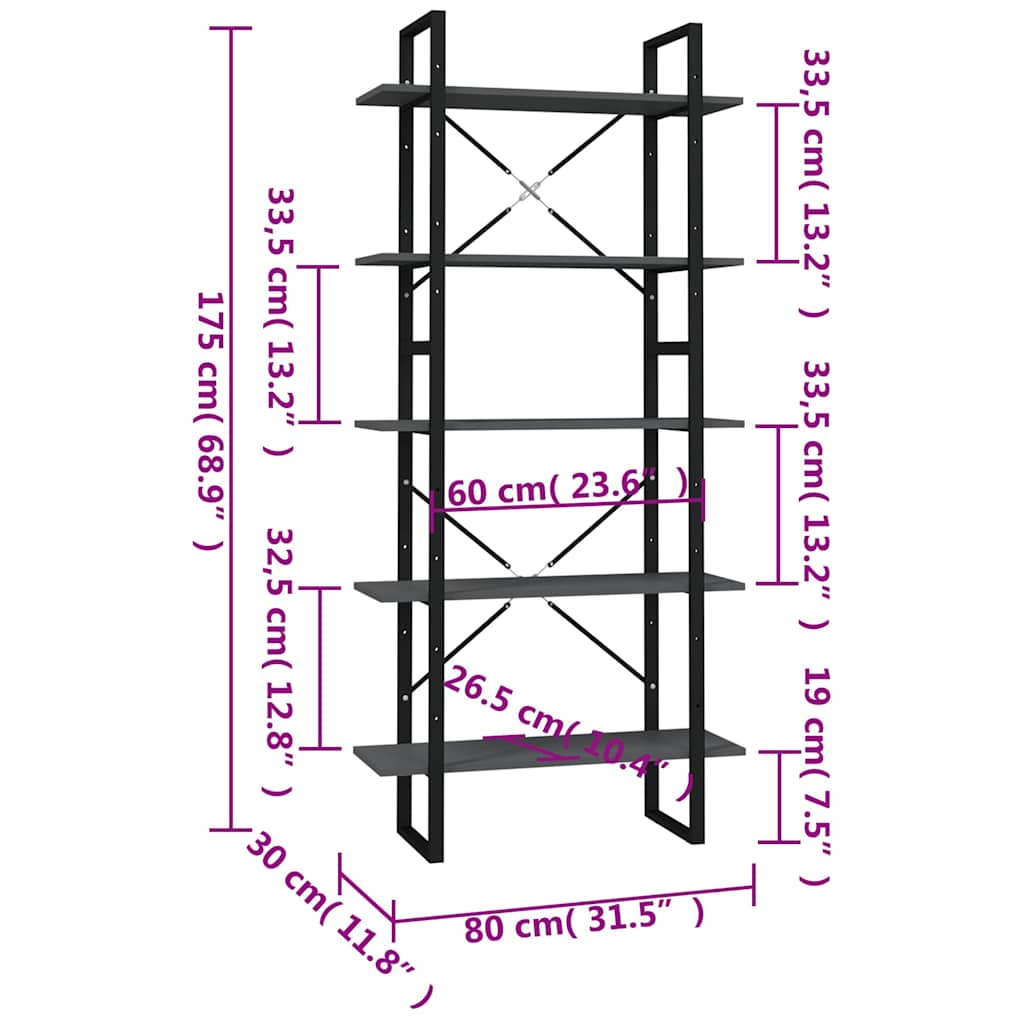 5-Tier Book Cabinet 80x30x175 cm Engineered Wood Grey