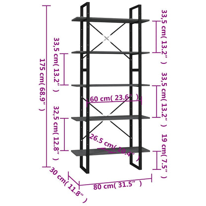 5-Tier Book Cabinet 80x30x175 cm Engineered Wood Grey