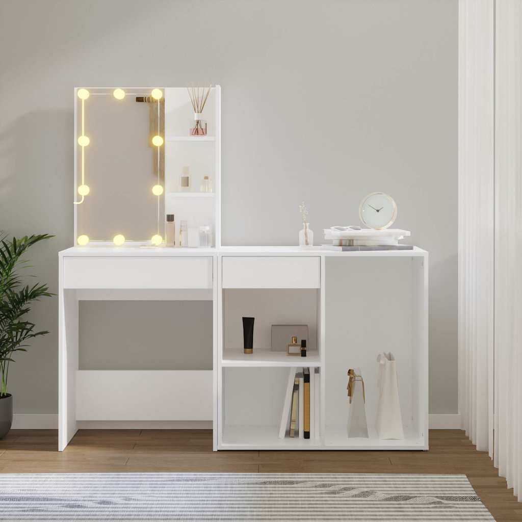 LED Dressing Table with Cabinet Engineered Wood White