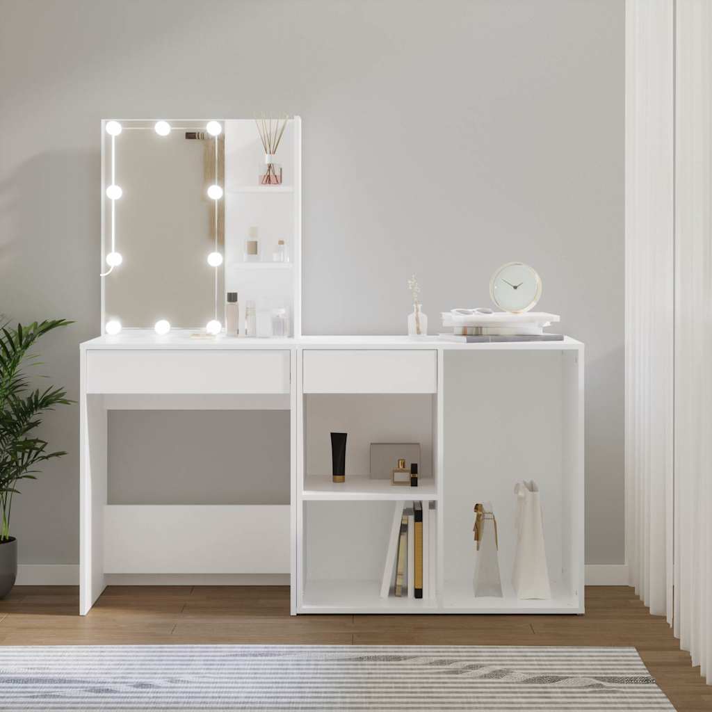 LED Dressing Table with Cabinet Engineered Wood White