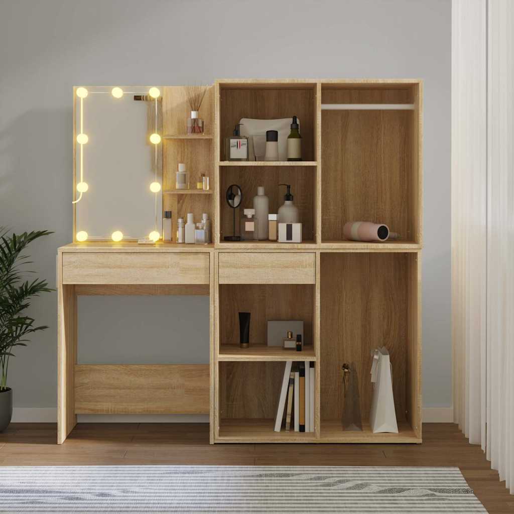 vidaXL LED Dressing Table with 2 Cabinets Sonoma Oak Engineered Wood 3