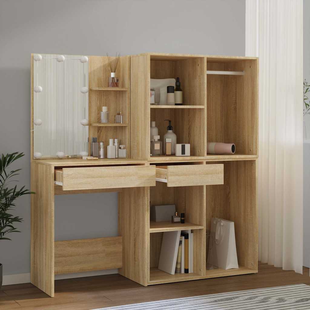 vidaXL LED Dressing Table with 2 Cabinets Sonoma Oak Engineered Wood 4
