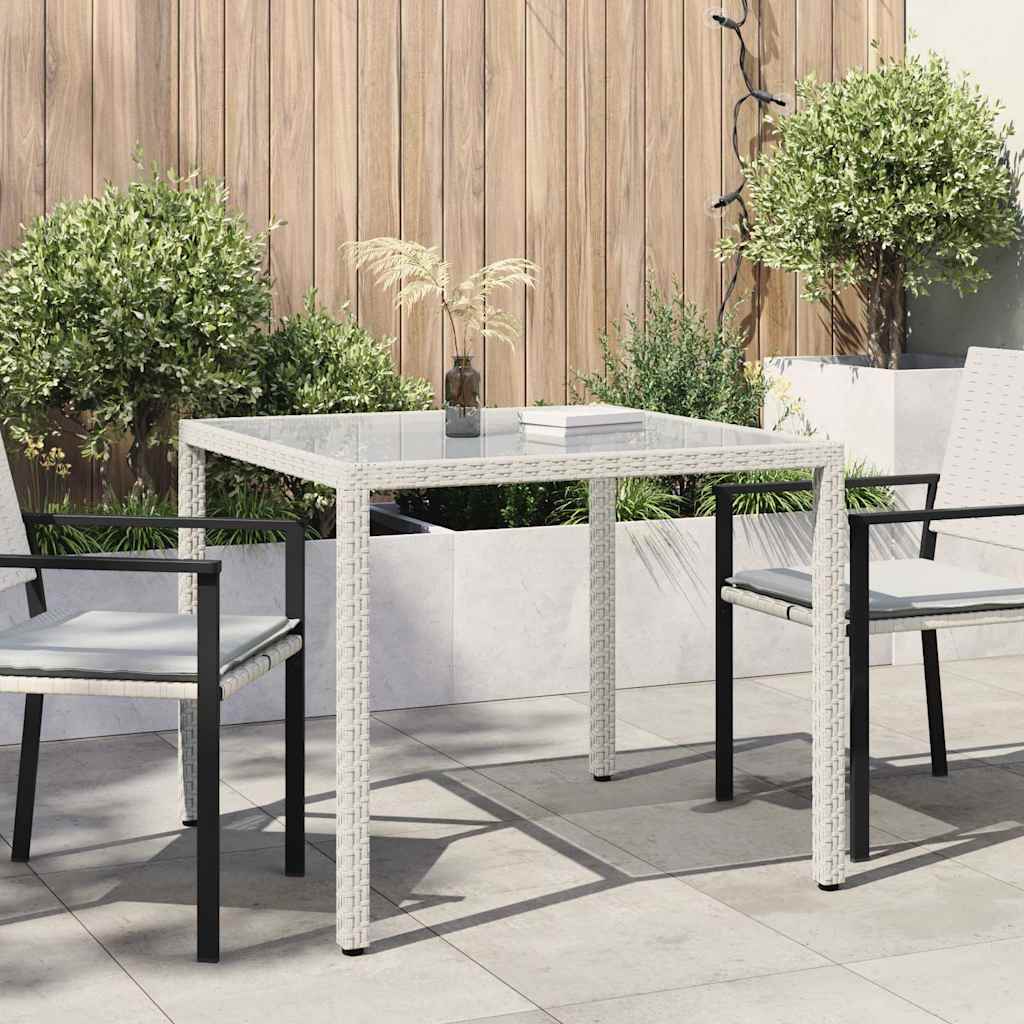 Garden Table Tempered Glass and Poly Rattan White 90 x 90 x 75 cm