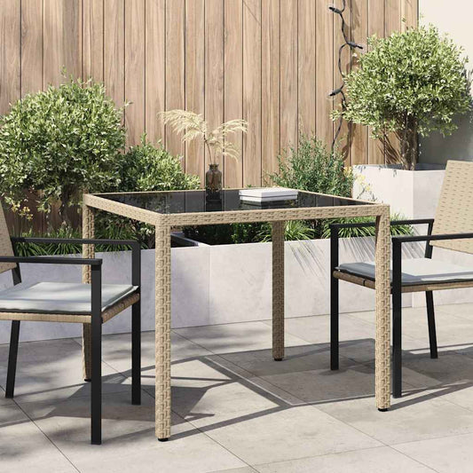 Garden Table Tempered Glass and Poly Rattan Beige 90 x 90 x 75 cm