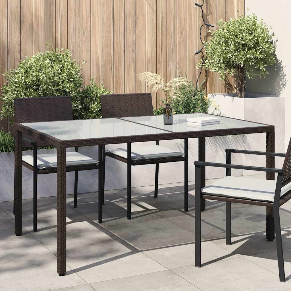 Garden Table Tempered Glass and Poly Rattan Brown 150 x 90 x 75 cm