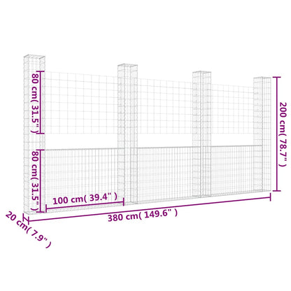 vidaXL U-shape Gabion Basket with 4 Posts Iron 380x20x200 cm 6
