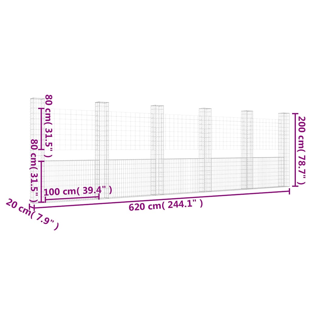 vidaXL U-shape Gabion Basket with 6 Posts Iron 620x20x200 cm 6