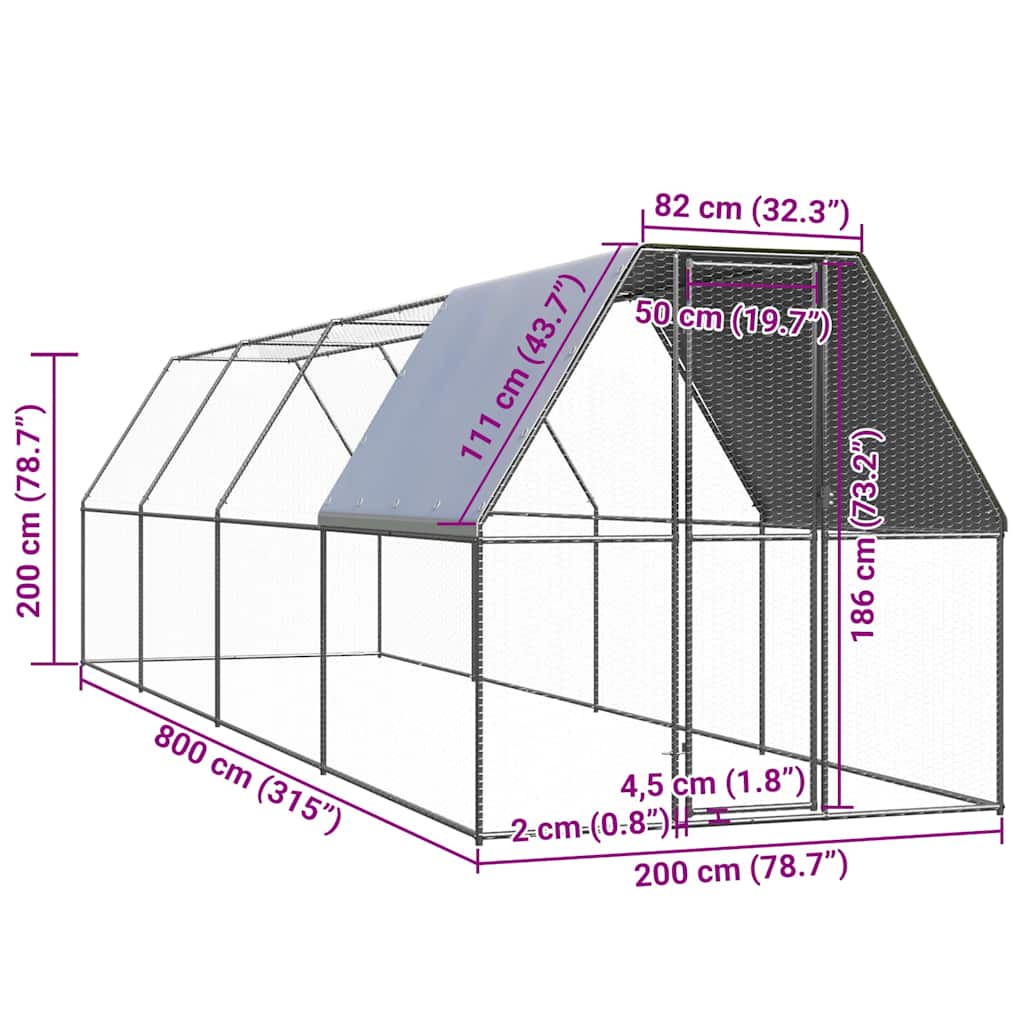vidaXL Outdoor Chicken Cage 2x8x2 m Galvanised Steel 5
