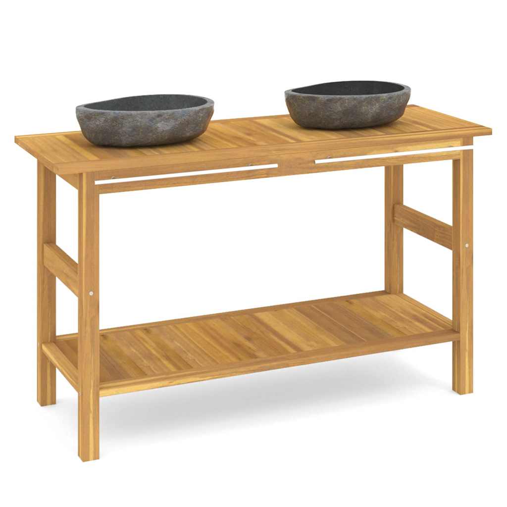vidaXL Bathroom Vanity Cabinet with River Stone Sinks Solid Wood Teak 2