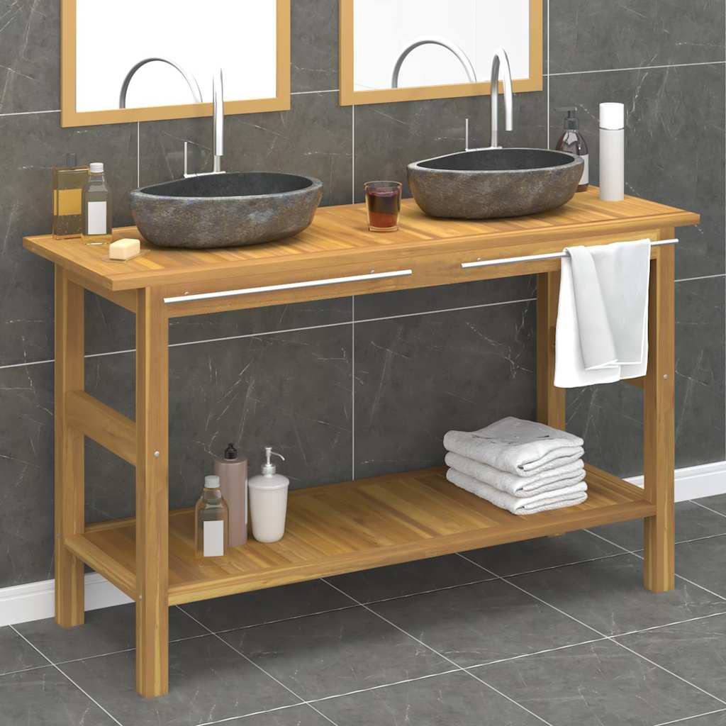 vidaXL Bathroom Vanity Cabinet with River Stone Sinks Solid Wood Teak 1