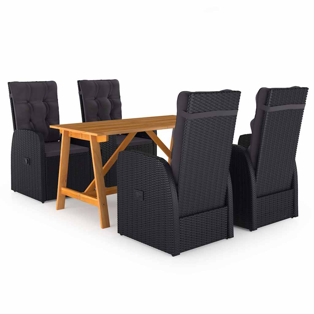 5 Piece Garden Dining Set with Cushions Poly Rattan Black 2x chair + 2x armchair + table