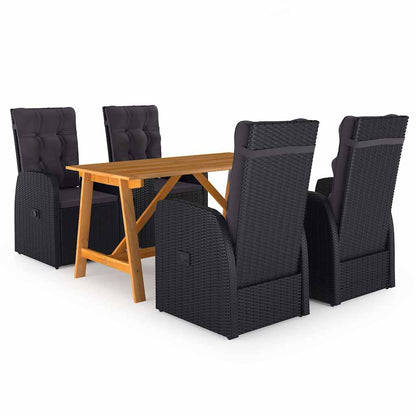 5 Piece Garden Dining Set with Cushions Poly Rattan Black 2x chair + 2x armchair + table