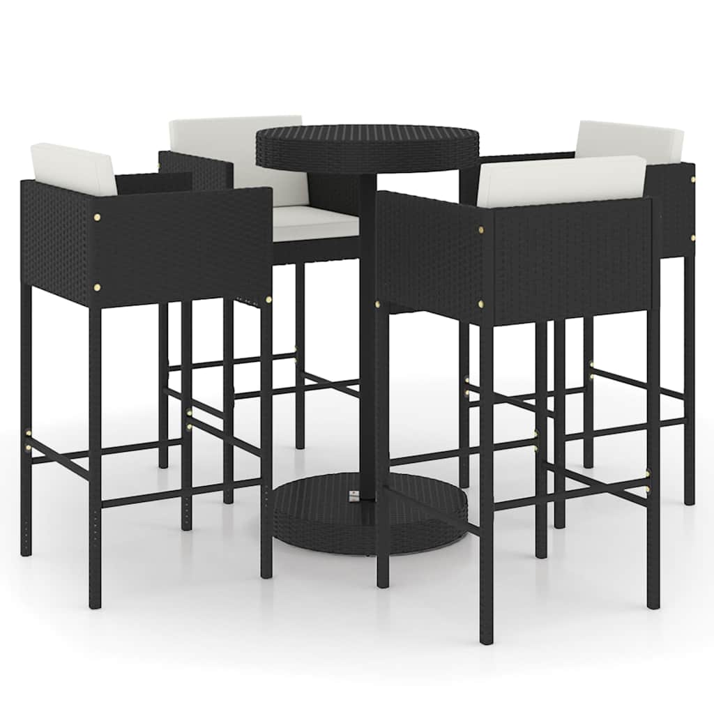 vidaXL 5 Piece Garden Bar Set with Cushions Poly Rattan Black 2