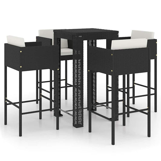 5 Piece Garden Bar Set with Cushions Poly Rattan Black 60.5 x 60.5 x 110.5 cm