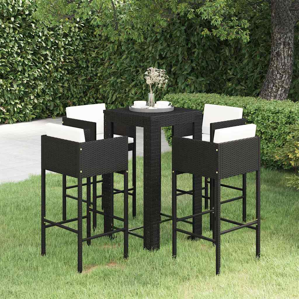 vidaXL 5 Piece Garden Bar Set with Cushions Poly Rattan Black 1