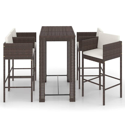vidaXL 5 Piece Garden Bar Set with Cushions Poly Rattan Brown 2
