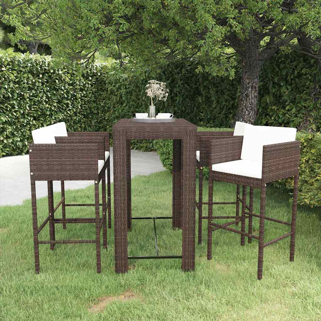 vidaXL 5 Piece Garden Bar Set with Cushions Poly Rattan Brown 1