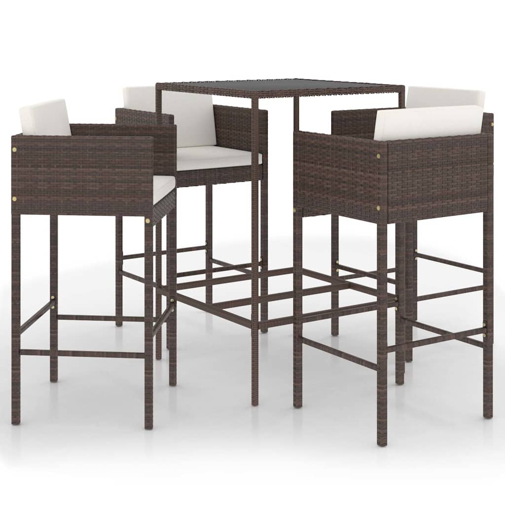 vidaXL 5 Piece Garden Bar Set with Cushions Poly Rattan Brown 2
