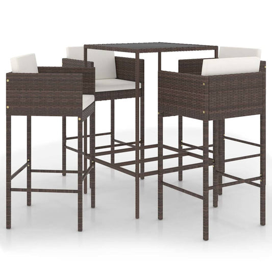 vidaXL 5 Piece Garden Bar Set with Cushions Poly Rattan Brown 2