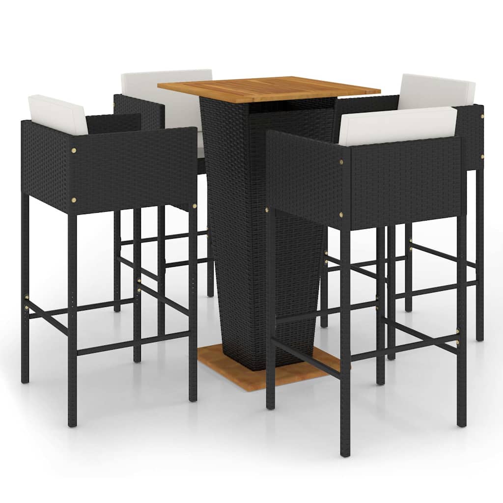 vidaXL 5 Piece Garden Bar Set with Cushions Poly Rattan Black 2