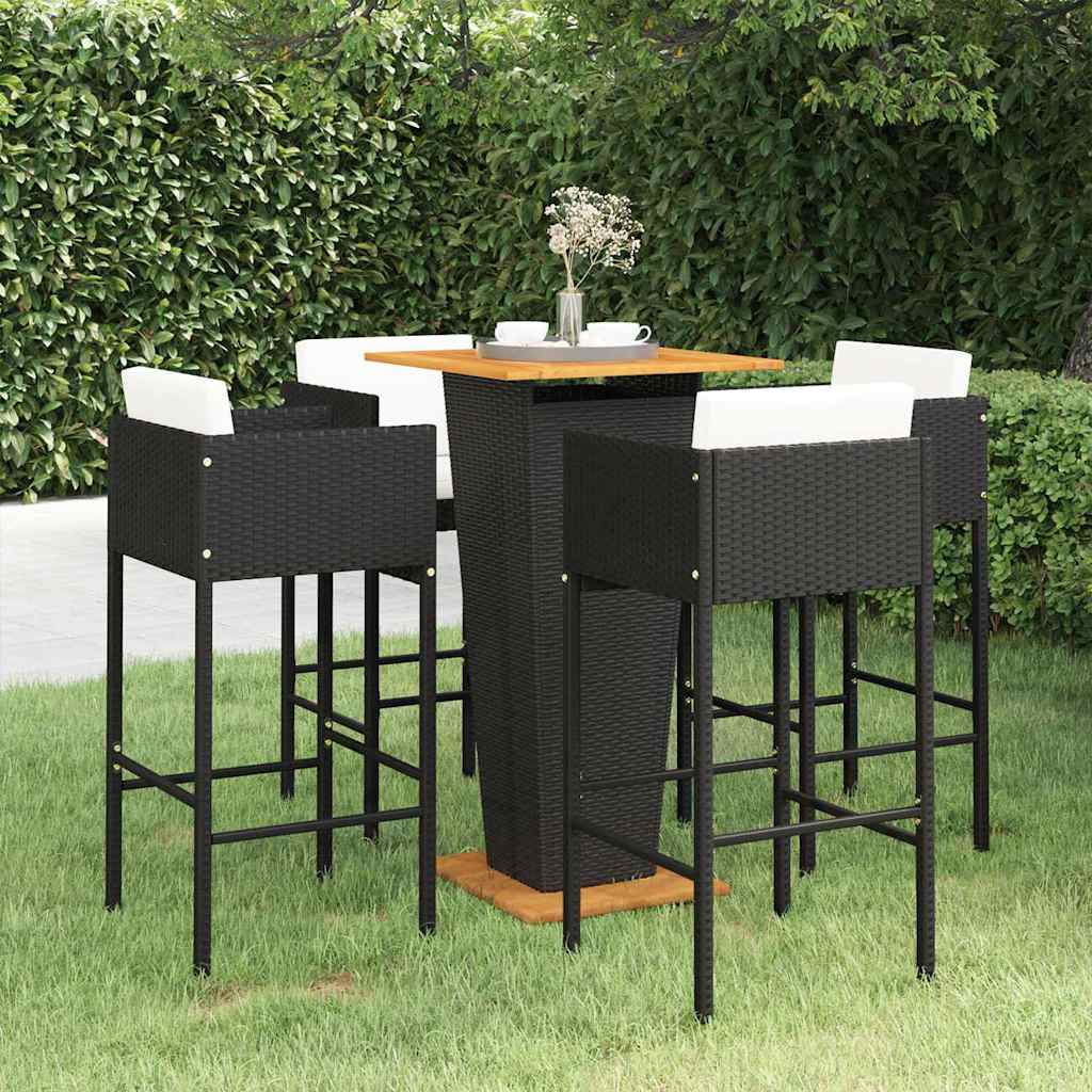 vidaXL 5 Piece Garden Bar Set with Cushions Poly Rattan Black 1