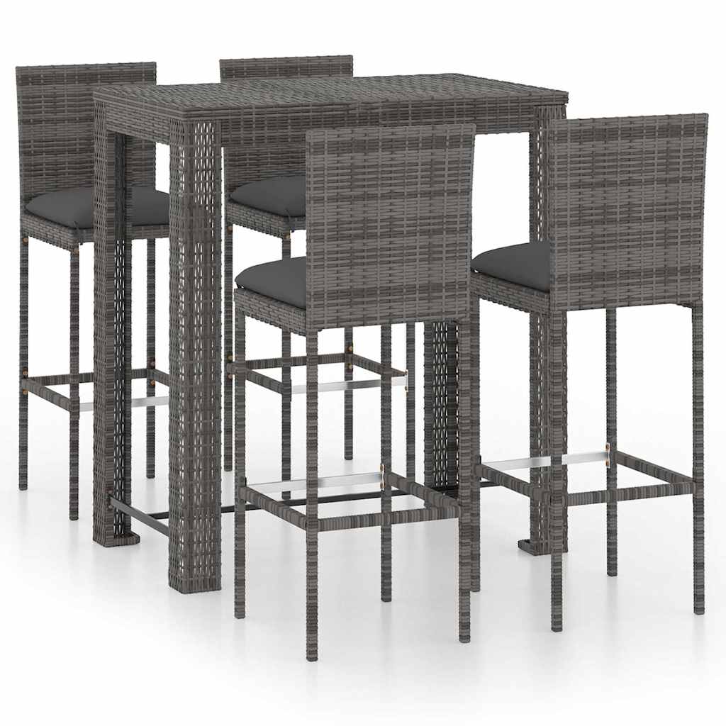 vidaXL 5 Piece Garden Bar Set with Cushions Poly Rattan Grey 1